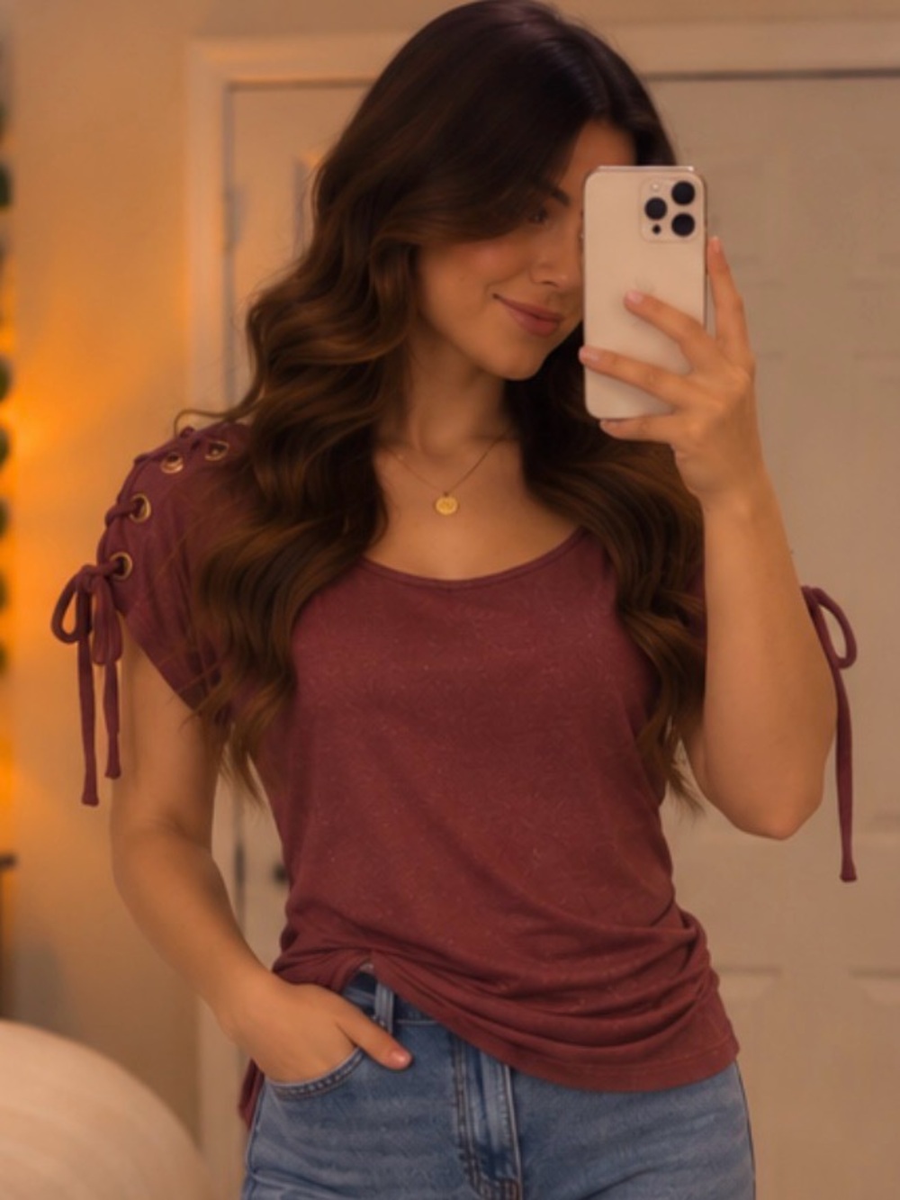 AUW Lace-Up Short Sleeve Scoop Neck Top - Plum